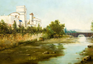 ADOLFO GIRÁLDEZ PEÑALVER. Óleo sobre lienzo. ""Paisaje urbano"