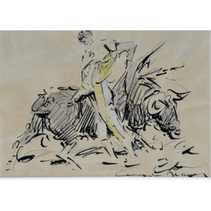 ÁNGEL GONZÁLEZ MARCOS. Dos dibujos a pluma y lápices de colores. ""Escenas Taurinas""