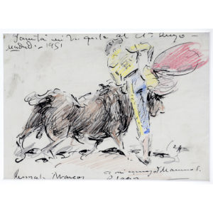 ÁNGEL GONZÁLEZ MARCOS. Dos dibujos a pluma y lápices de colores. ""Escenas Taurinas""
