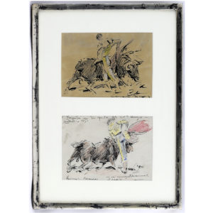 ÁNGEL GONZÁLEZ MARCOS. Dos dibujos a pluma y lápices de colores. ""Escenas Taurinas""