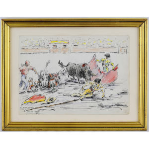 ANTONIO CASERO SANZ. Dibujo a Plumilla y Acuarela. ""Escena Taurina: El Quite"