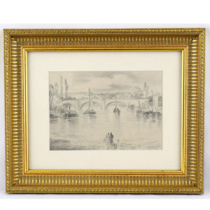 ANTONIO GARCÍA MALO. Dibujo a lápiz. ""Puente sobre el río Sena"