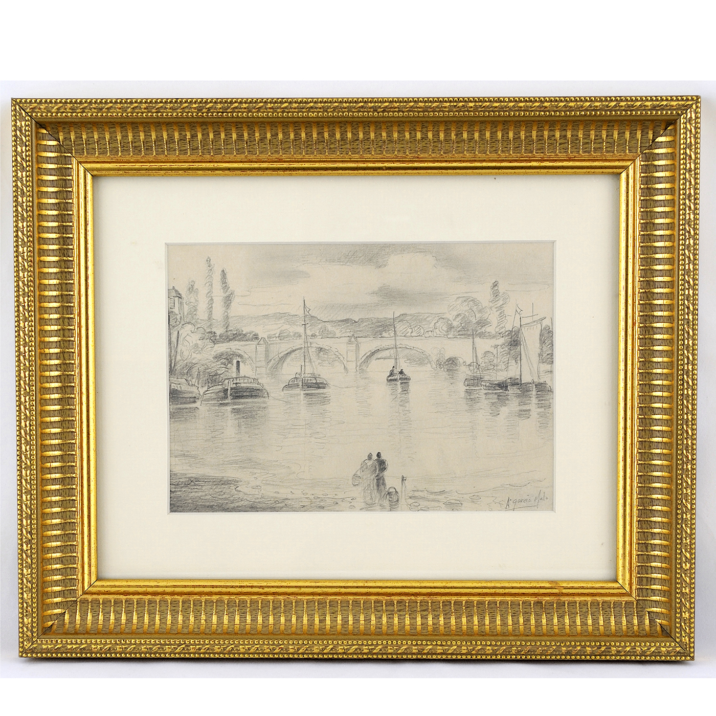ANTONIO GARCÍA MALO. Pencil drawing. "" Bridge over the river Seine "