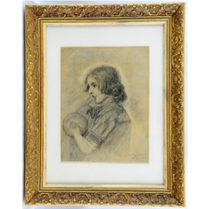 BERNARDO FERRANDIZ Y BADENES. Dibujo a lápiz y carbón. ""Niña con pelota"