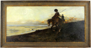 CÉSAR ÁLVAREZ DUMONT. Óleo sobre lienzo. ""D.Quijote en Barcelona"