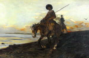 CÉSAR ÁLVAREZ DUMONT. Óleo sobre lienzo. ""D.Quijote en Barcelona"