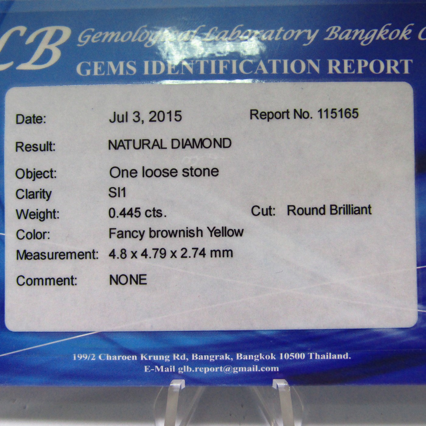 Diamante Natural talla Brillante de 0,445 ct. Fancy Brownish Yellow, SI1. Certificado GLB. Diamante Natural talla Brillante de 0,445 ct. Fancy Brownish Yellow, SI1. Certificado GLB.