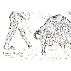 ENRIQUE BENLLIURE. Dibujo a plumilla de lance taurino.