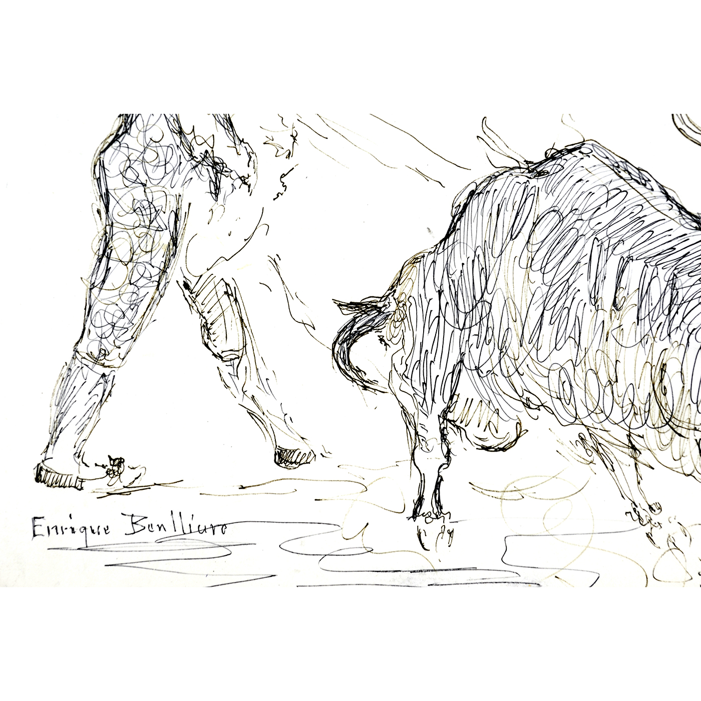 ENRIQUE BENLLIURE. Dibujo a plumilla de lance taurino. ENRIQUE BENLLIURE. Dibujo a plumilla de lance taurino.