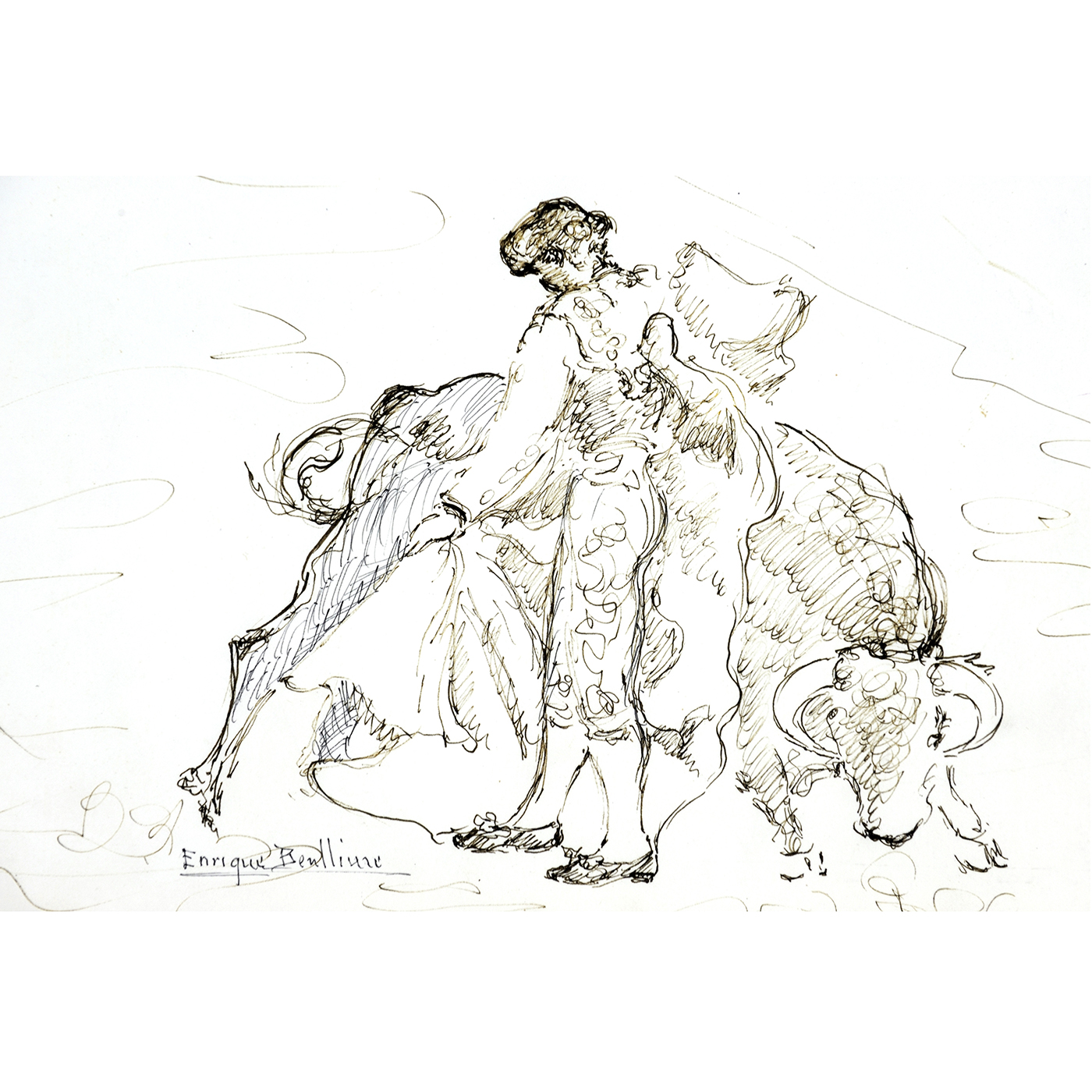 ENRIQUE BENLLIURE. Dibujo sobre papel. ""Escena taurina"" ENRIQUE BENLLIURE. Dibujo sobre papel. ""Escena taurina""