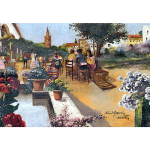 ENRIQUE MARÍN SEVILLA. Óleo sobre tabla de caoba. "Fiesta".
