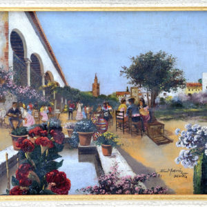 ENRIQUE MARÍN SEVILLA. Óleo sobre tabla de caoba. "Fiesta".