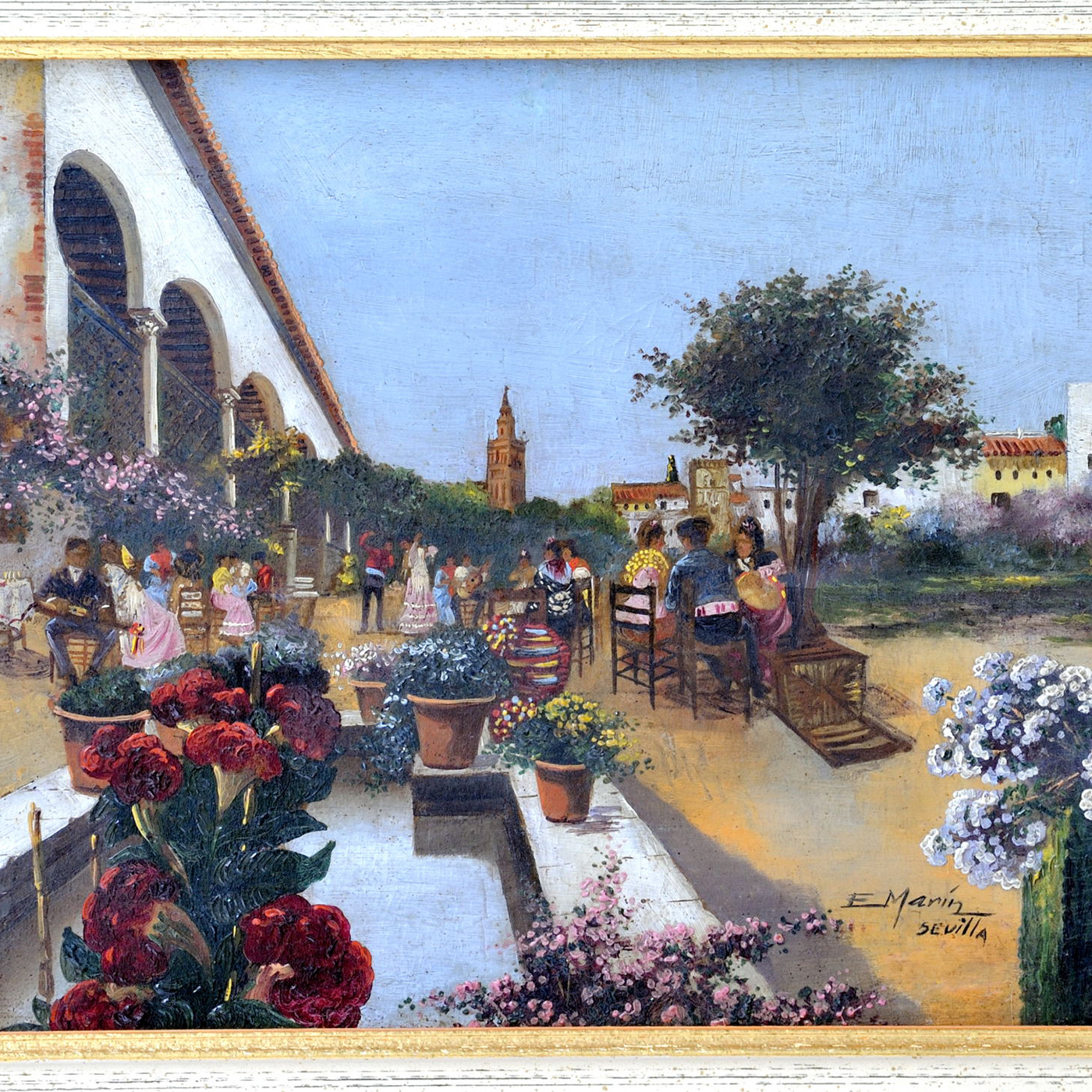 ENRIQUE MARÍN SEVILLA. Óleo sobre tabla de caoba. "Fiesta". ENRIQUE MARÍN SEVILLA. Óleo sobre tabla de caoba. "Fiesta".