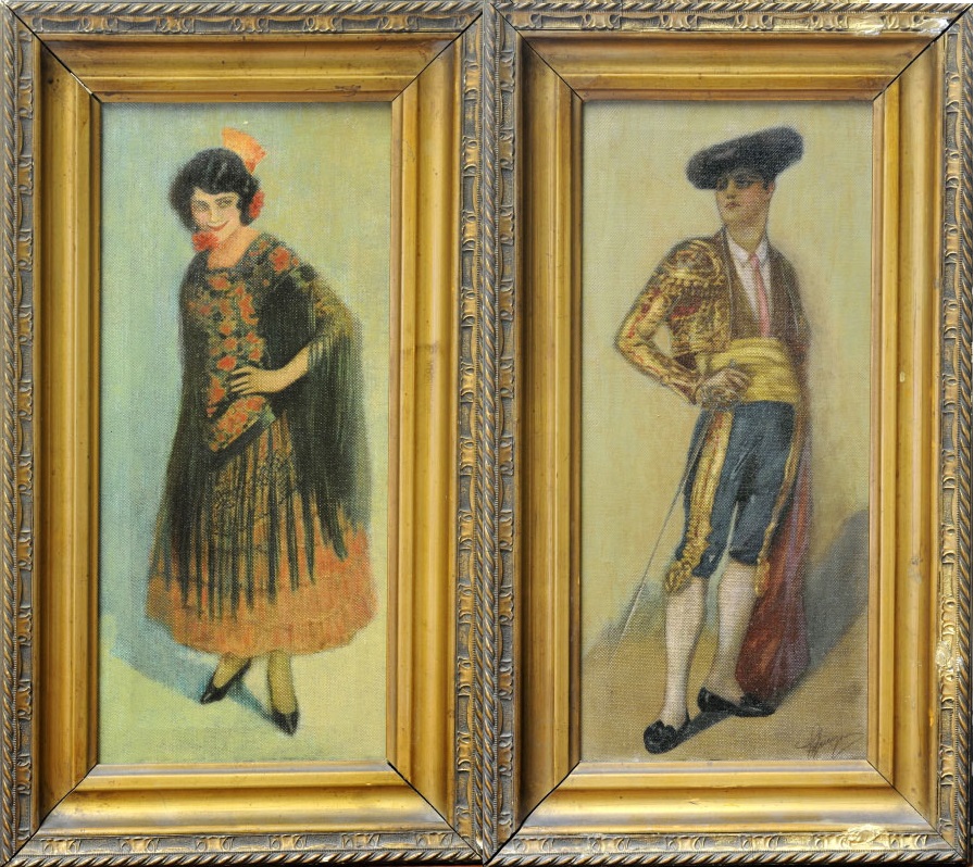 ESCUELA ANDALUZA. Pareja de óleos sobre lienzo, "Torero y Maja".