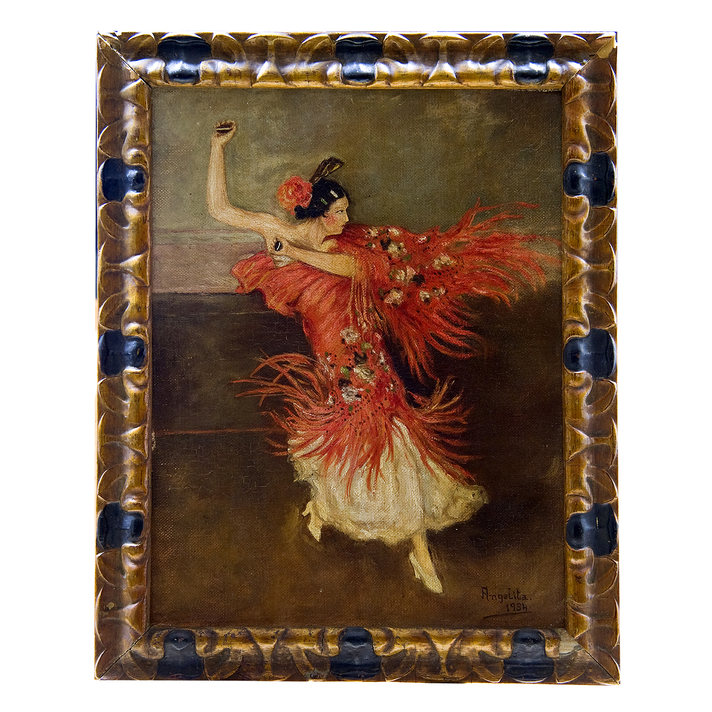 ECOLE ESPAGNOLE DU 20E SIECLE Mercedes Casals, "ANGELITA". Huile sur carton. "Danseuse de flamenco".