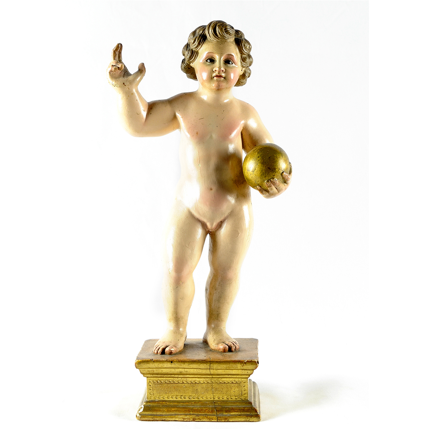 Escultura en Madera Policromada. Niño Jesús con Bola. España, siglo XIX. Escultura en Madera Policromada. Niño Jesús con Bola. España, siglo XIX.