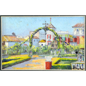 F.G.G. (Siglo XX). Tres óleos sobre cartón. "Paisajes ajardinados"