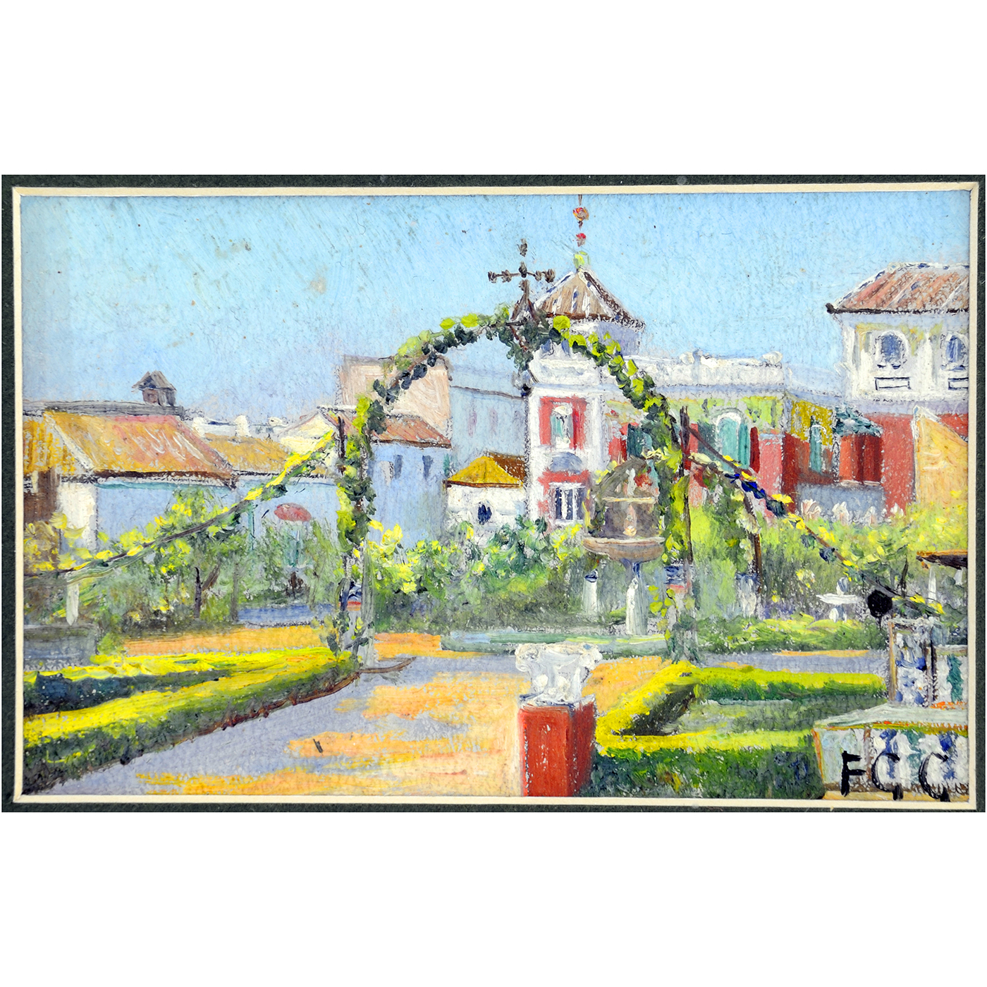 F.G.G. (Siglo XX). Tres óleos sobre cartón. "Paisajes ajardinados" F.G.G. (Siglo XX). Tres óleos sobre cartón. "Paisajes ajardinados"