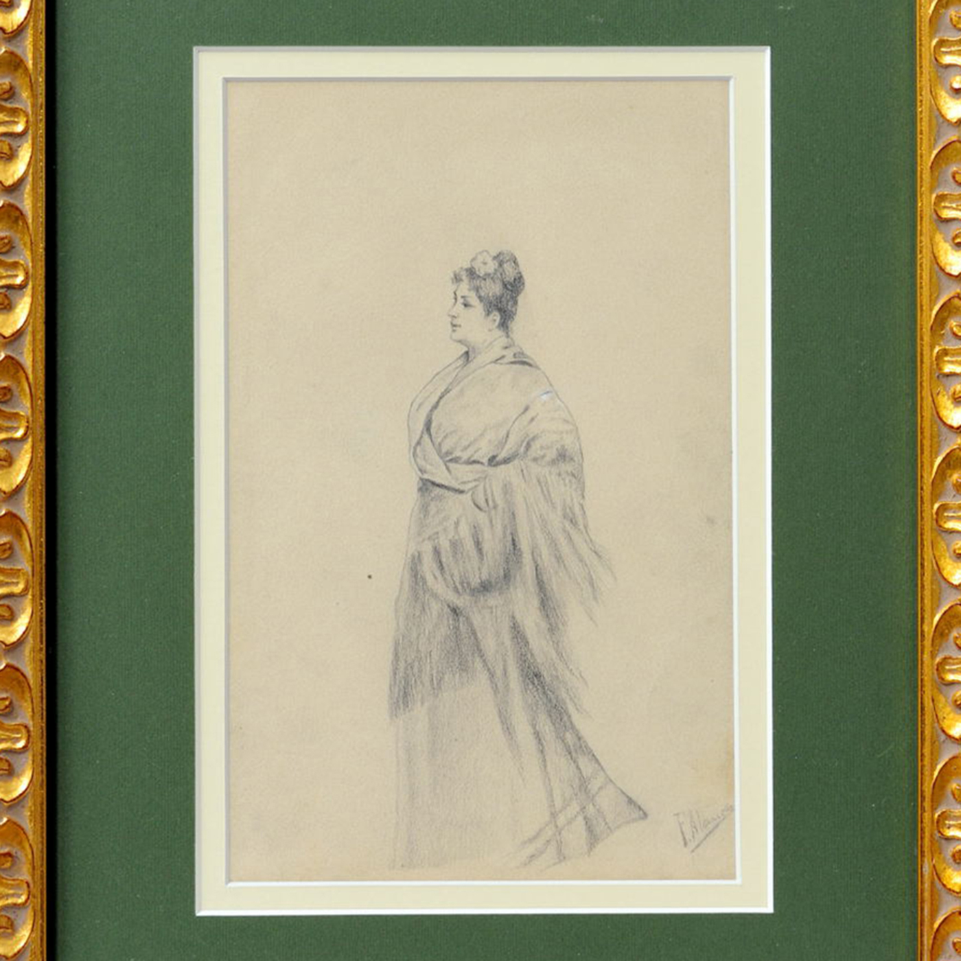 FÉLIX ALARCÓN. Dibujo a lápiz y carboncillo. ""Dama con flor"" FÉLIX ALARCÓN. Dibujo a lápiz y carboncillo. ""Dama con flor""