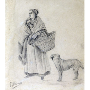 FÉLIX ALARCÓN. Dibujo a lápiz y carboncillo. ""Dama con perro""
