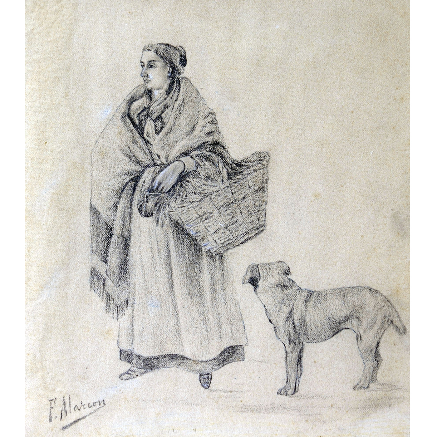 FÉLIX ALARCÓN. Dibujo a lápiz y carboncillo. ""Dama con perro"" FÉLIX ALARCÓN. Dibujo a lápiz y carboncillo. ""Dama con perro""