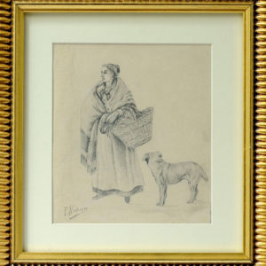 FÉLIX ALARCÓN. Dibujo a lápiz y carboncillo. ""Dama con perro""