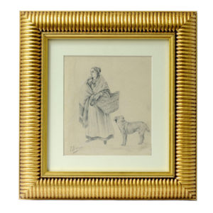 FÉLIX ALARCÓN. Dibujo a lápiz y carboncillo. ""Dama con perro""