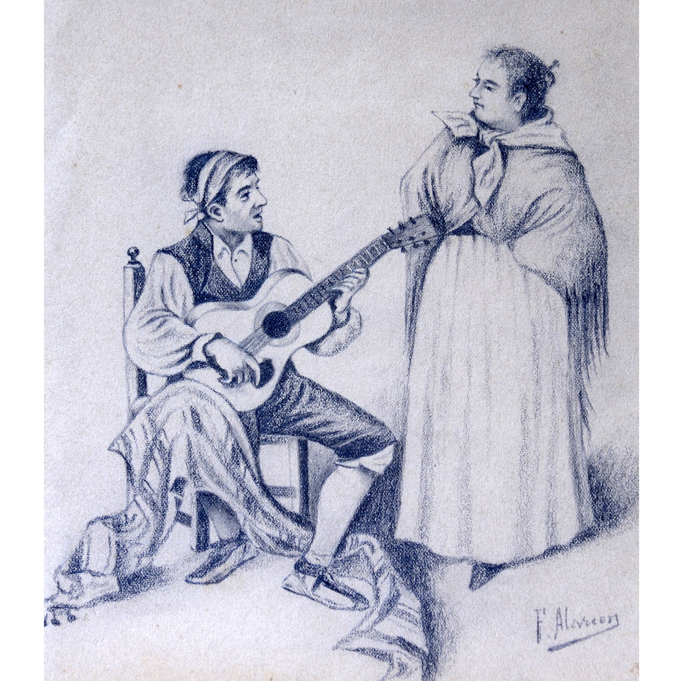 FÉLIX ALARCÓN. Dibujo a lápiz y carboncillo. ""Pareja tocando la Guitarra"" FÉLIX ALARCÓN. Dibujo a lápiz y carboncillo. ""Pareja tocando la Guitarra""