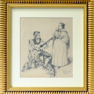 FÉLIX ALARCÓN. Dibujo a lápiz y carboncillo. ""Pareja tocando la Guitarra""