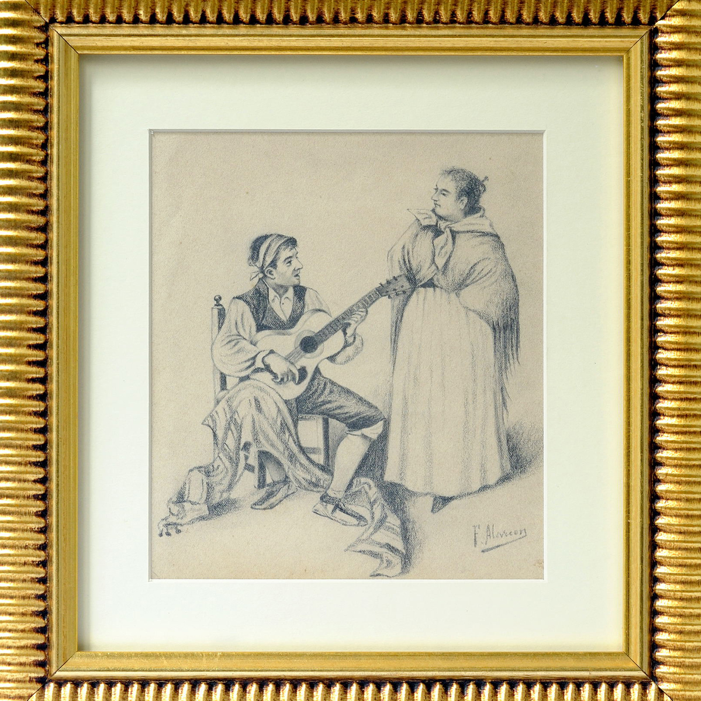 FÉLIX ALARCÓN. Dibujo a lápiz y carboncillo. ""Pareja tocando la Guitarra"" FÉLIX ALARCÓN. Dibujo a lápiz y carboncillo. ""Pareja tocando la Guitarra""