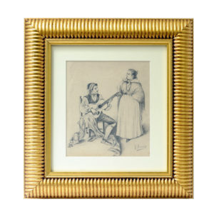 FÉLIX ALARCÓN. Dibujo a lápiz y carboncillo. ""Pareja tocando la Guitarra""