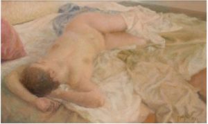 GUILLERMO VARGAS RUIZ. Óleo sobre tabla. "Desnudo Femenino".