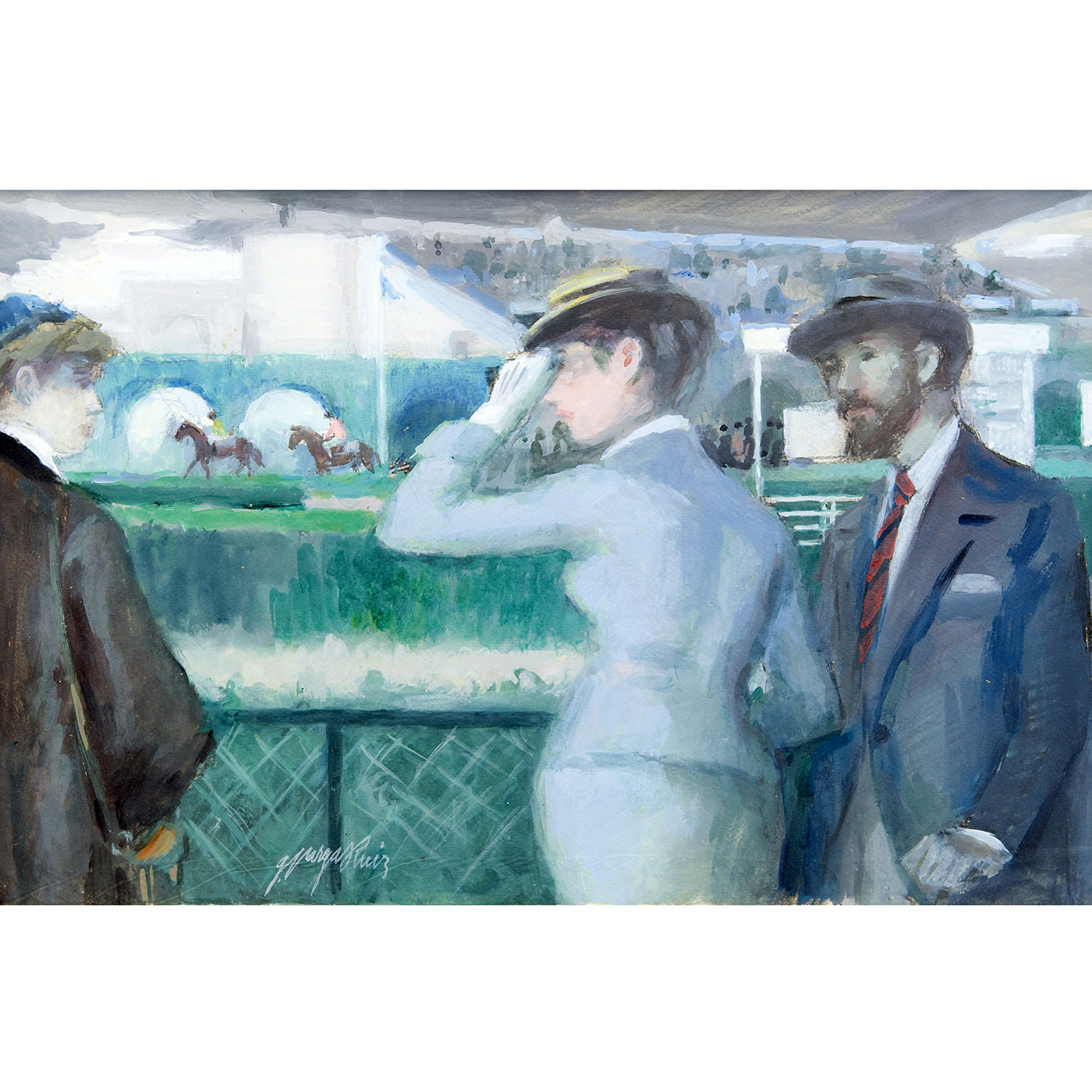 GUILLERMO VARGAS RUIZ. Óleo sobre tabla. "En las carreras". GUILLERMO VARGAS RUIZ. Óleo sobre tabla. "En las carreras".