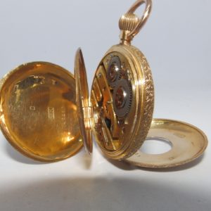 H.W. Reloj de Bolsillo-Colgar, Media Saboneta y remontoir. Oro 18k. Suiza, ca. 1900