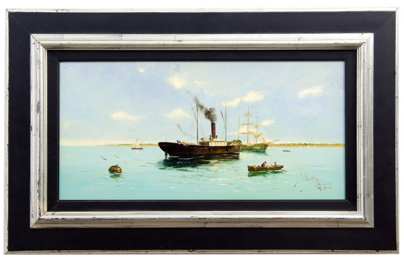J. ABADÍAS. Óleo sobre tabla de caoba. ""Marina"
