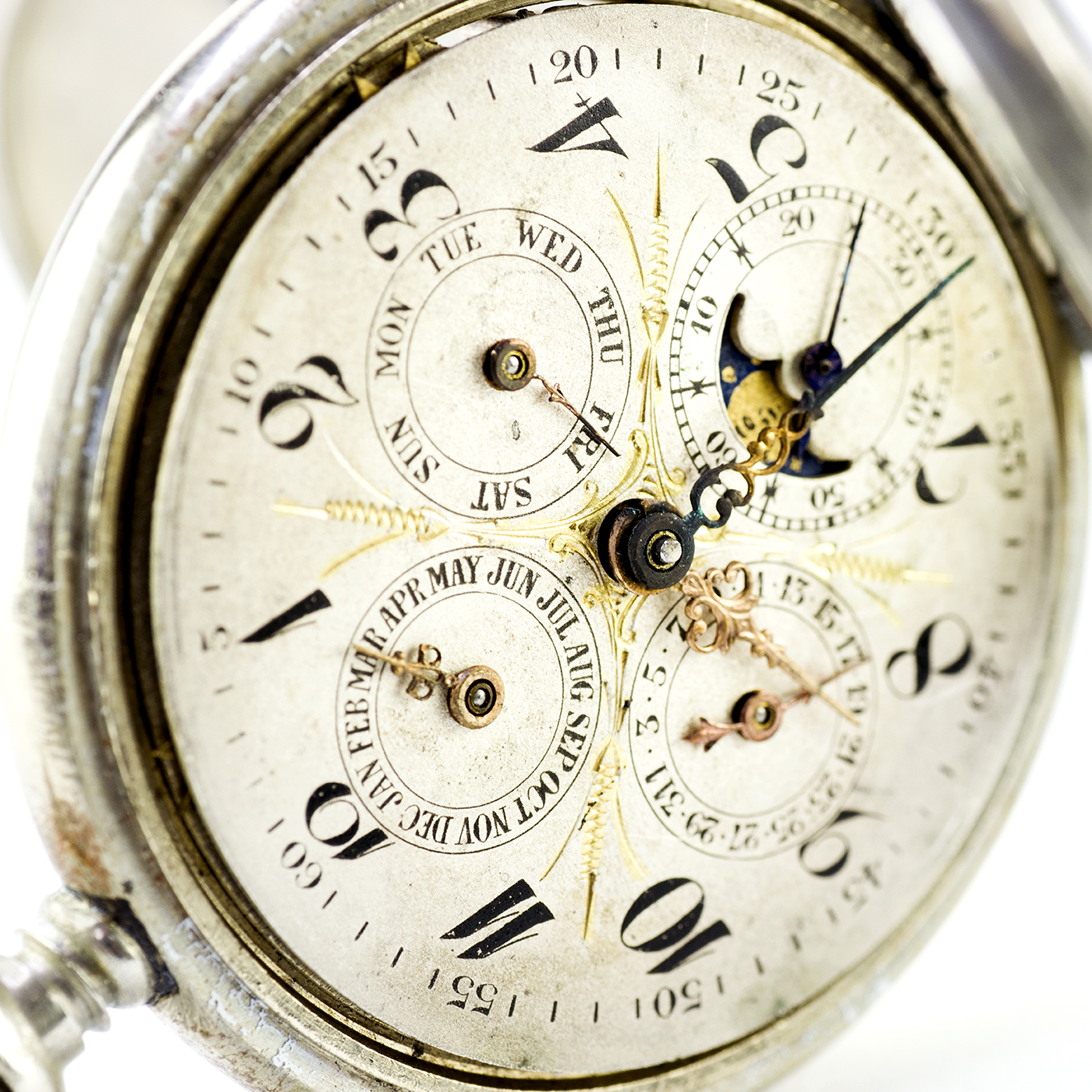 J.H. HASLER & FILS. Reloj de Bolsillo, lepine y remontoir. Triple calendario y fase lunar. Suiza, ca. 1890. J.H. HASLER & FILS. Reloj de Bolsillo, lepine y remontoir. Triple calendario y fase lunar. Suiza, ca. 1890.