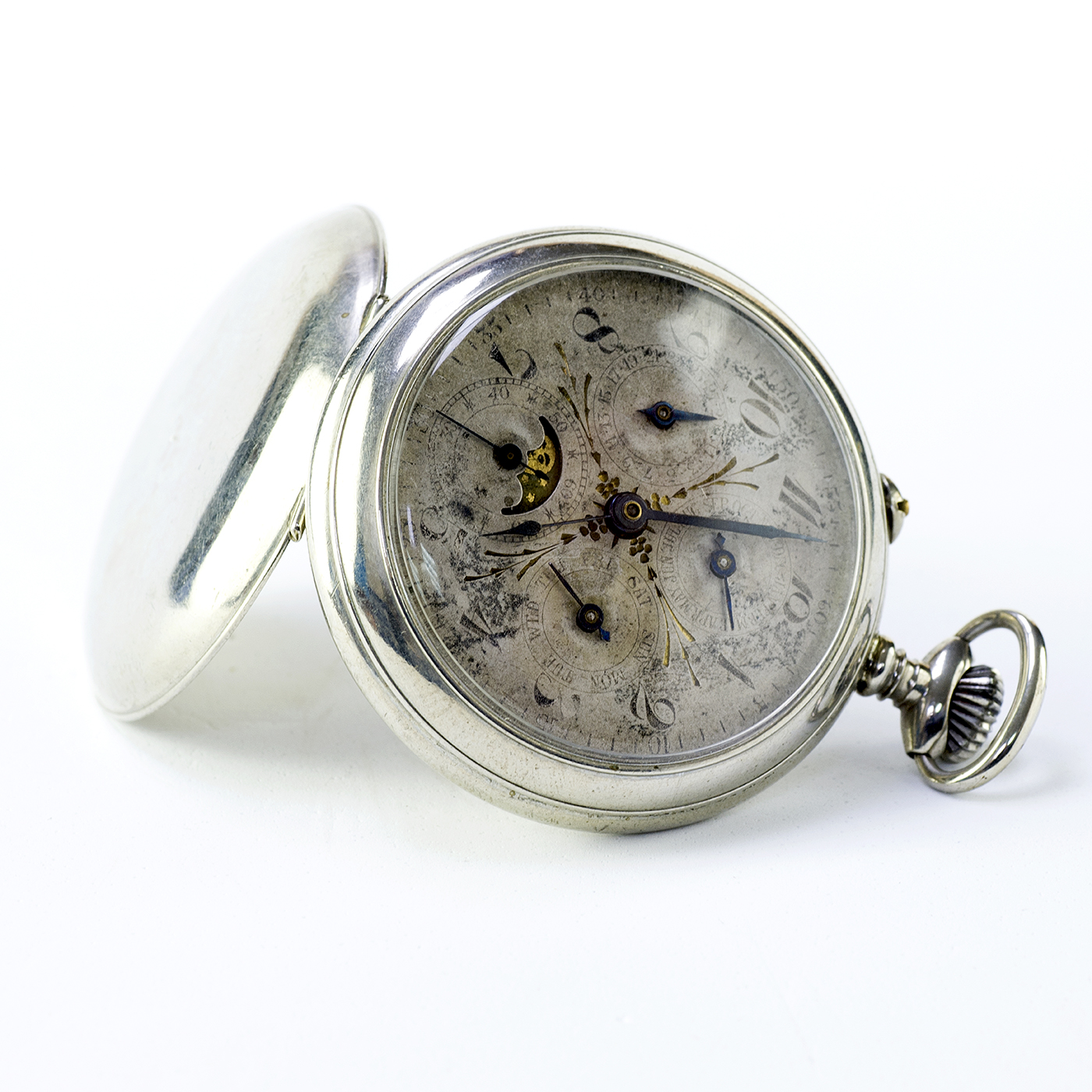J.H. HASLER & FILS. Reloj de Bolsillo, lepine y remontoir. Triple calendario y fase lunar. Suiza, ca. 1890. J.H. HASLER & FILS. Reloj de Bolsillo, lepine y remontoir. Triple calendario y fase lunar. Suiza, ca. 1890.