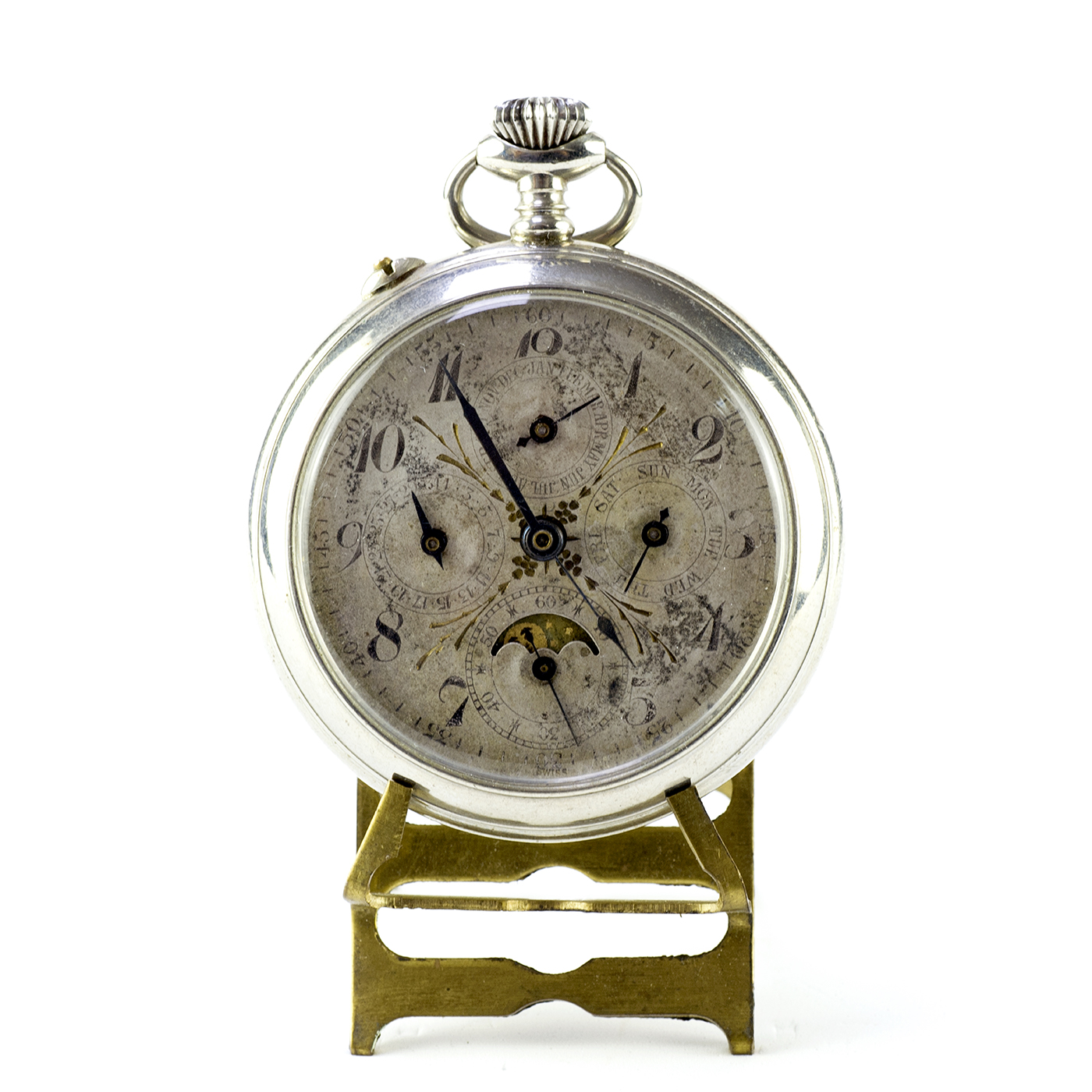 J.H. HASLER & FILS. Reloj de Bolsillo, lepine y remontoir. Triple calendario y fase lunar. Suiza, ca. 1890.