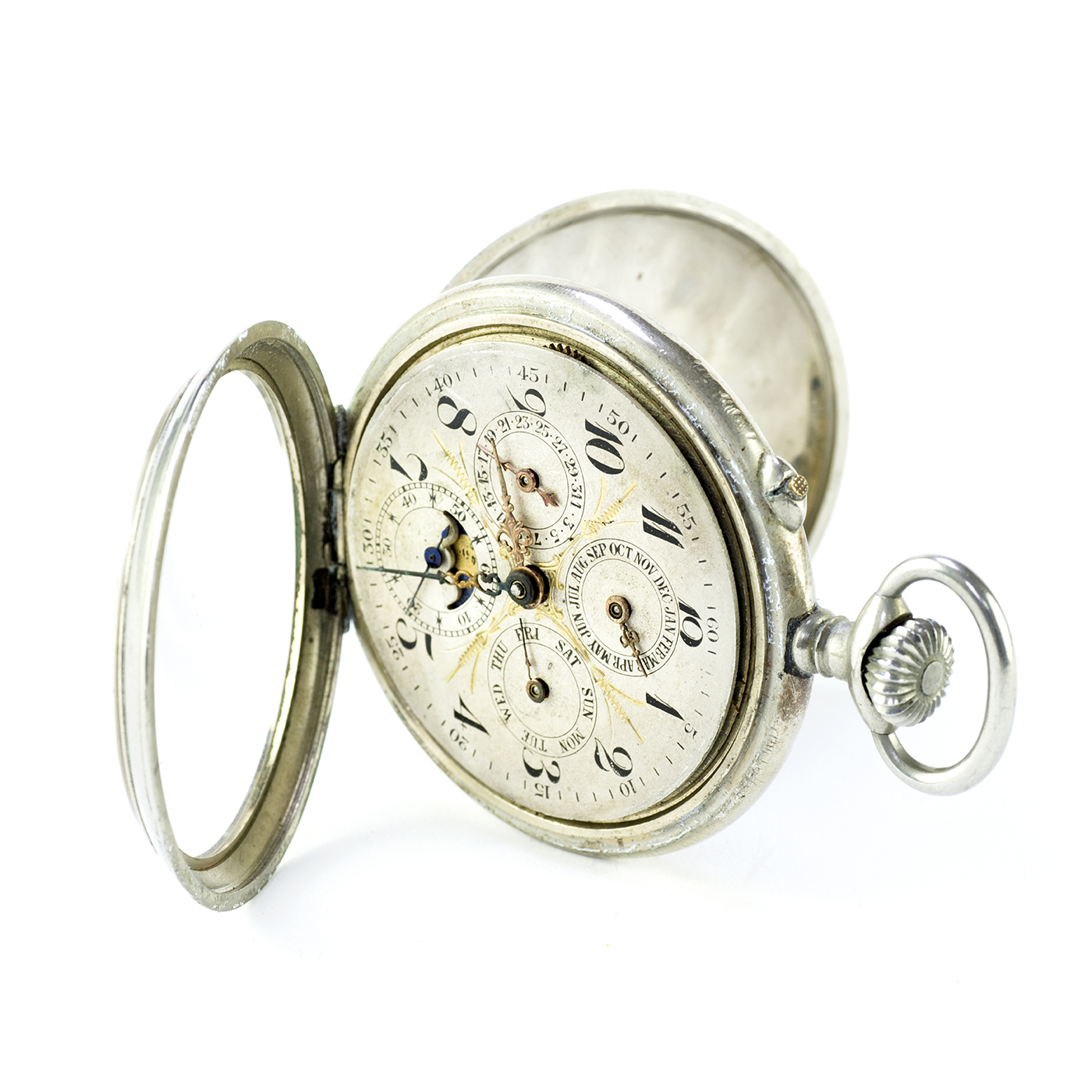 J.H. HASLER & FILS. Reloj de Bolsillo, lepine y remontoir. Triple calendario y fase lunar. Suiza, ca. 1890. J.H. HASLER & FILS. Reloj de Bolsillo, lepine y remontoir. Triple calendario y fase lunar. Suiza, ca. 1890.