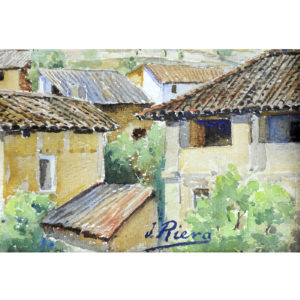 J. RIERA. Escuela Catalana. Acuarela pintada sobre papel. ""Pueblo de montaña"