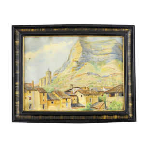 J. RIERA. Escuela Catalana. Acuarela pintada sobre papel. ""Pueblo de montaña"