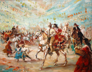 JOAN LLAURADÓ ARENAS. Óleo sobre Lienzo. Caballistas en la Feria.