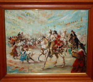 JOAN LLAURADÓ ARENAS. Óleo sobre Lienzo. Caballistas en la Feria.