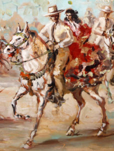JOAN LLAURADÓ ARENAS. Óleo sobre Lienzo. Caballistas en la Feria.