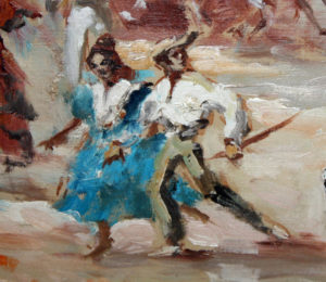 JOAN LLAURADÓ ARENAS. Óleo sobre Lienzo. Caballistas en la Feria.