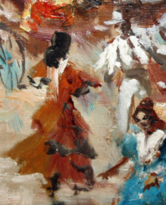 JOAN LLAURADÓ ARENAS. Óleo sobre Lienzo. Caballistas en la Feria.