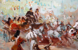 JOAN LLAURADÓ ARENAS. Óleo sobre Lienzo. Caballistas en la Feria.