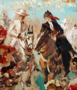 JOAN LLAURADÓ ARENAS. Óleo sobre Lienzo. Caballistas en la Feria.