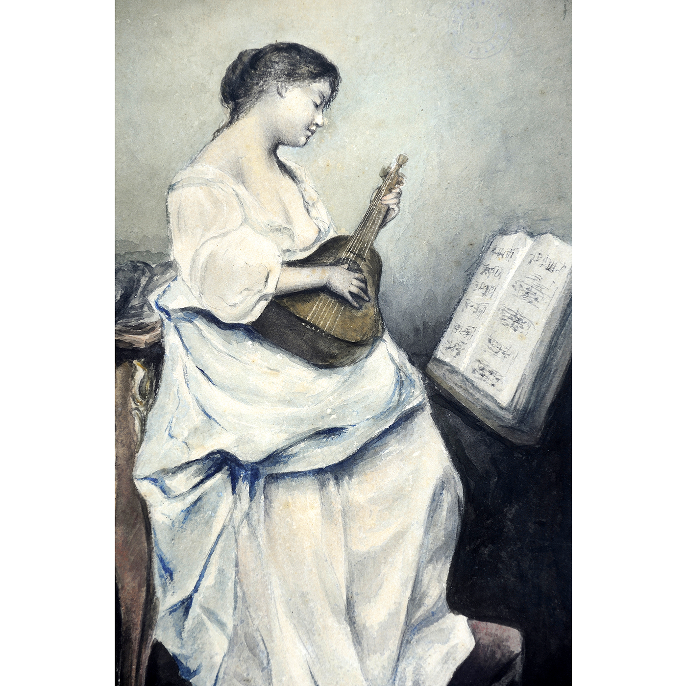 JOAQUÍN ARAUJO Y RUANO. Acuarela sobre papel. ""Dama tocando la Mandolina" JOAQUÍN ARAUJO Y RUANO. Acuarela sobre papel. ""Dama tocando la Mandolina"