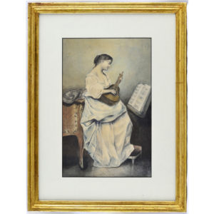 JOAQUÍN ARAUJO Y RUANO. Acuarela sobre papel. ""Dama tocando la Mandolina"